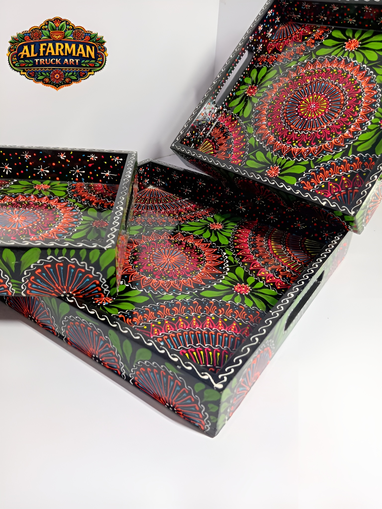 Hand-painted cone art tray designed to add a vibrant artistic touch to your tabletop.