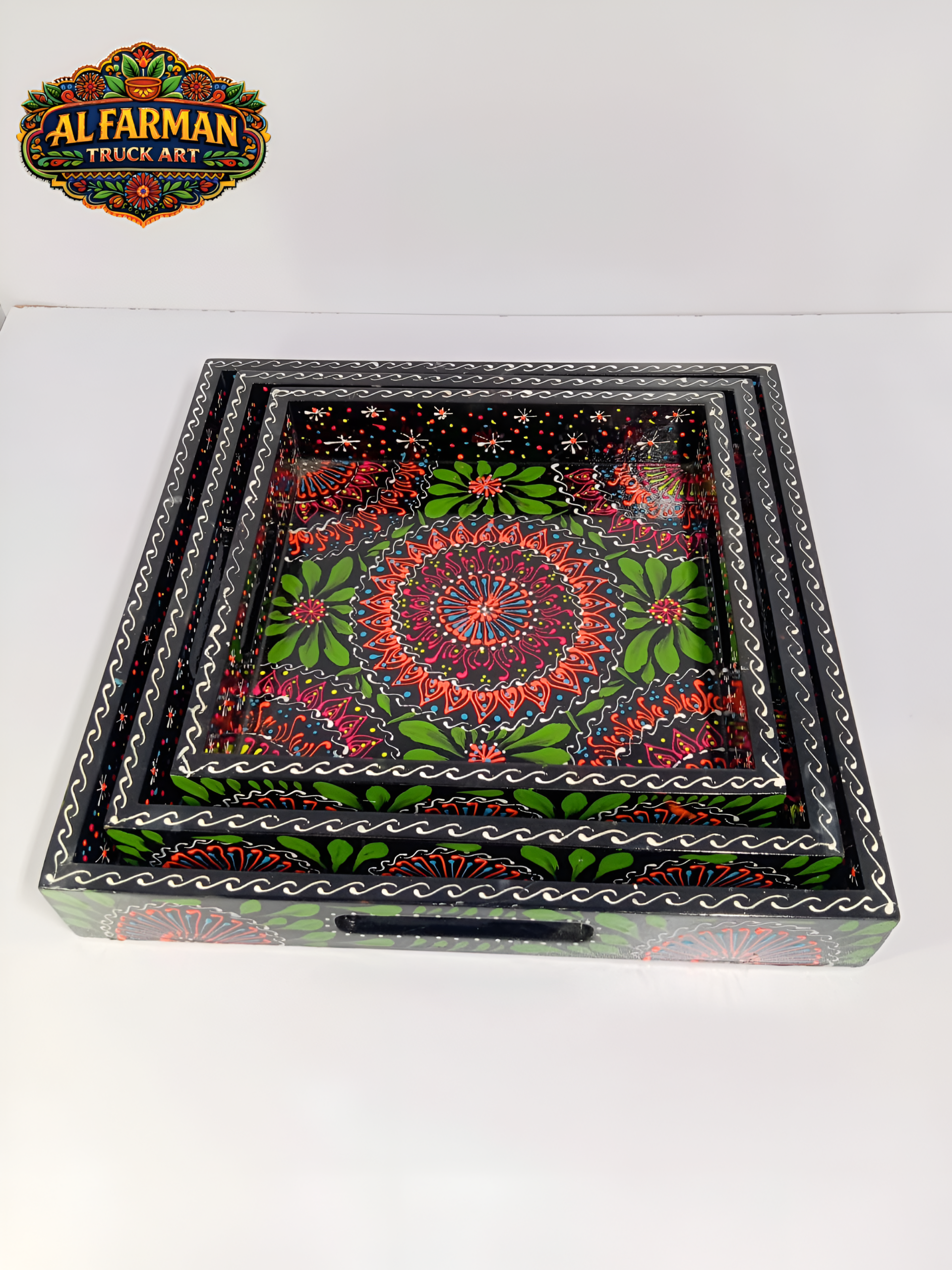 Set of Three of Black & Green Floral Cone Design Truck Art Tray (Handcrafted) 024