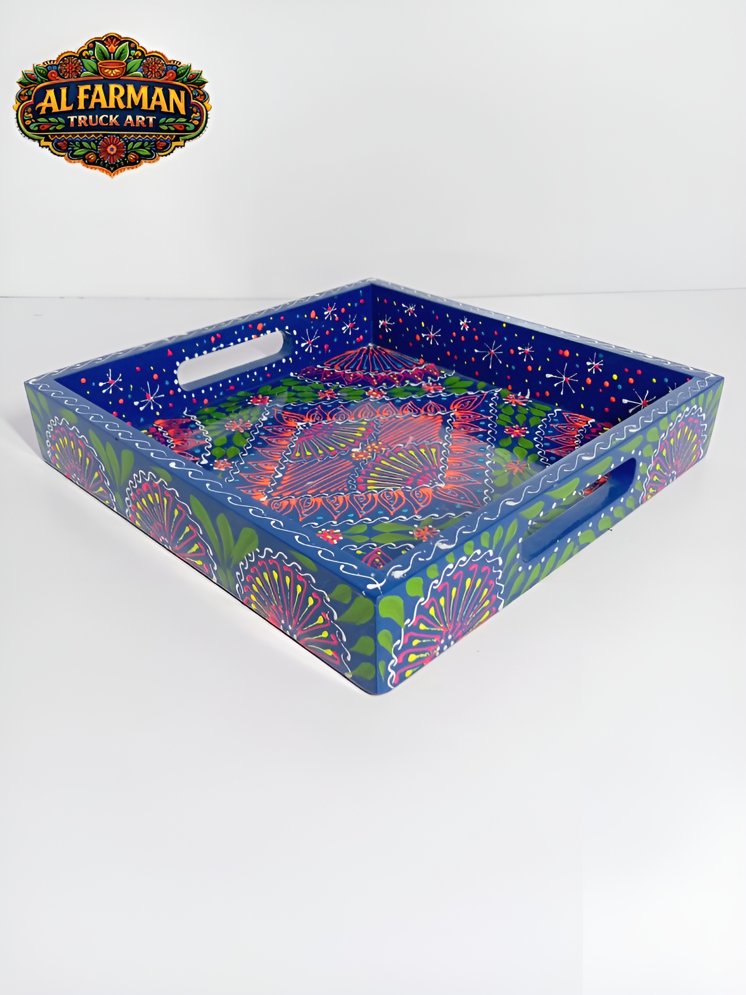 Dark Blue & Green Floral Cone Design Truck Art Tray (Handcrafted) 023