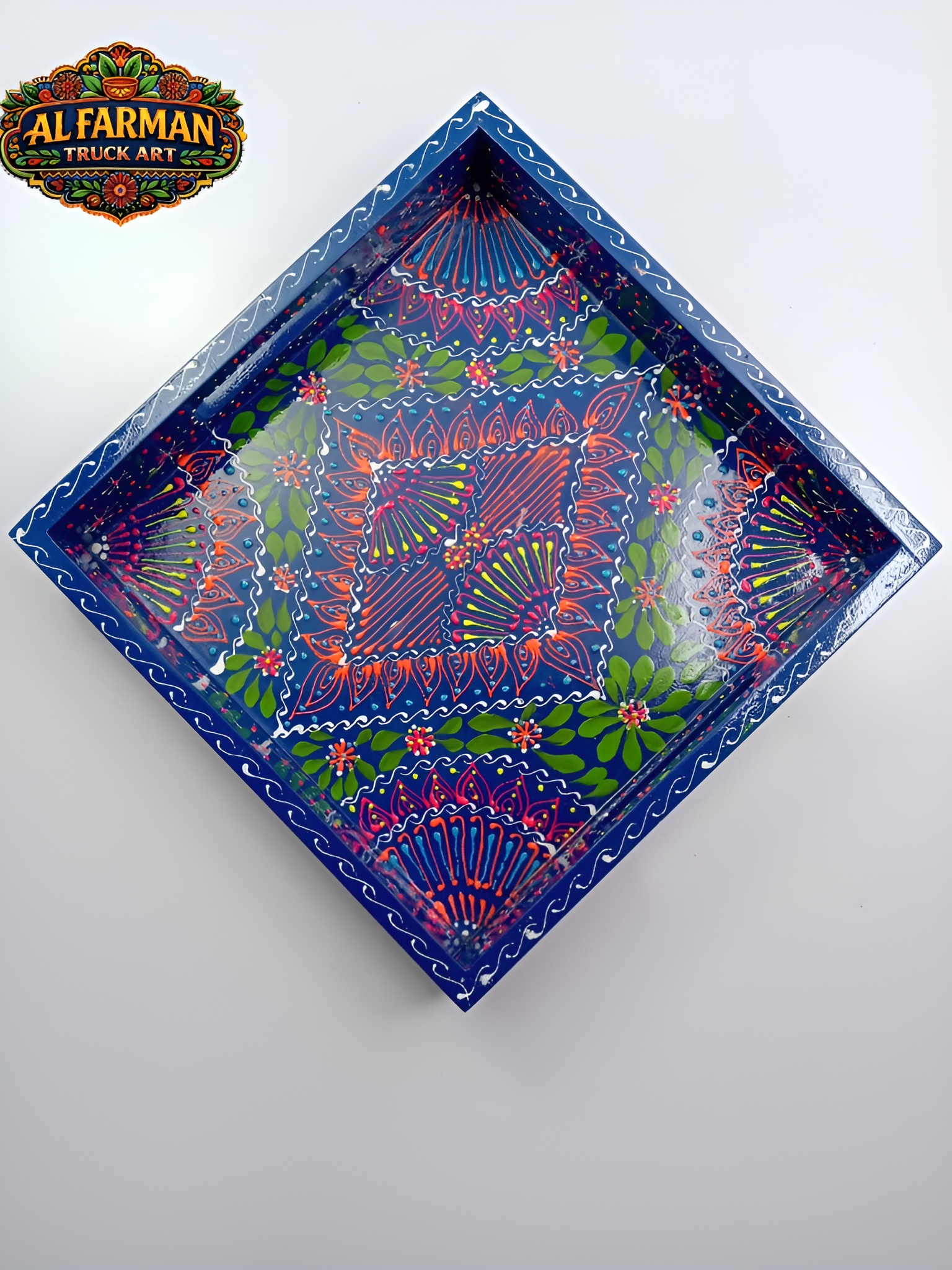 Dark Blue & Green Floral Cone Design Truck Art Tray (Handcrafted) 023