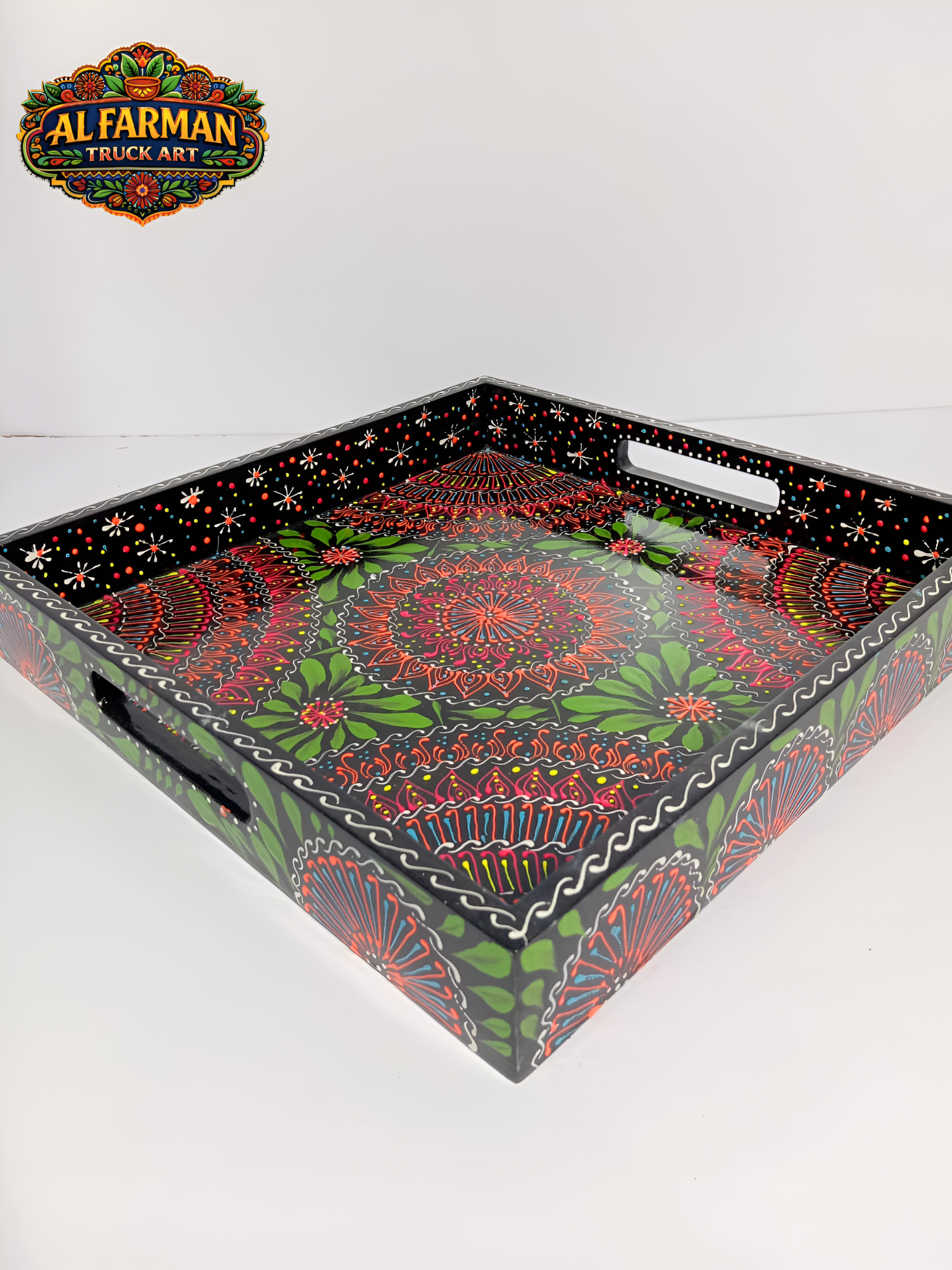 Black & Green Floral Cone Design Large Truck Art Tray (Handcrafted) 025