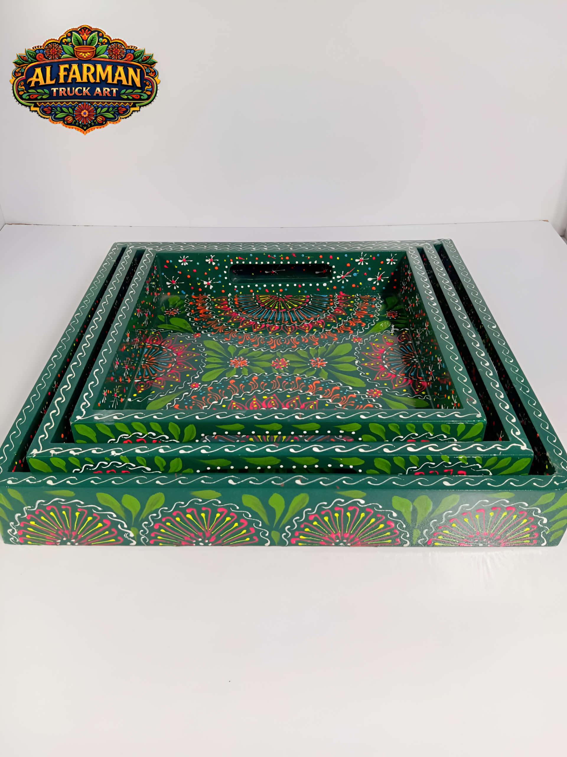 Green Floral Cone Design Large Truck Art Tray (Handcrafted)
