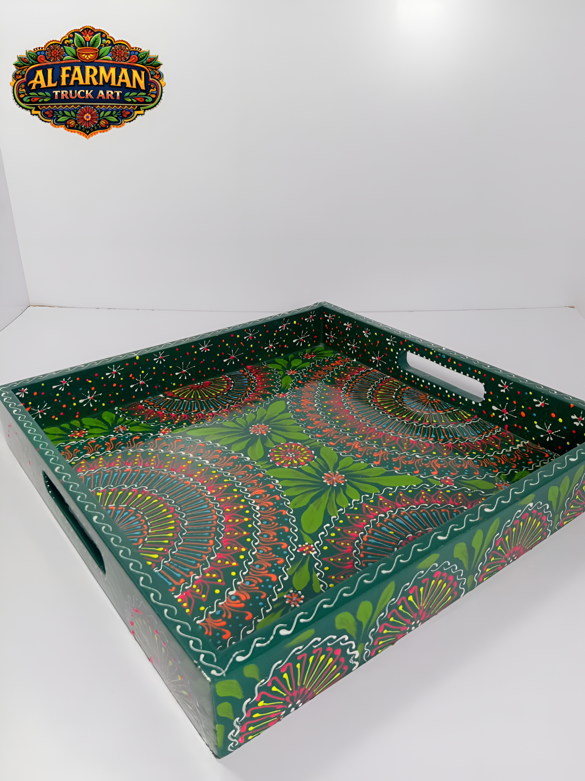 Green Floral Cone Design Large Truck Art Tray (Handcrafted) 029