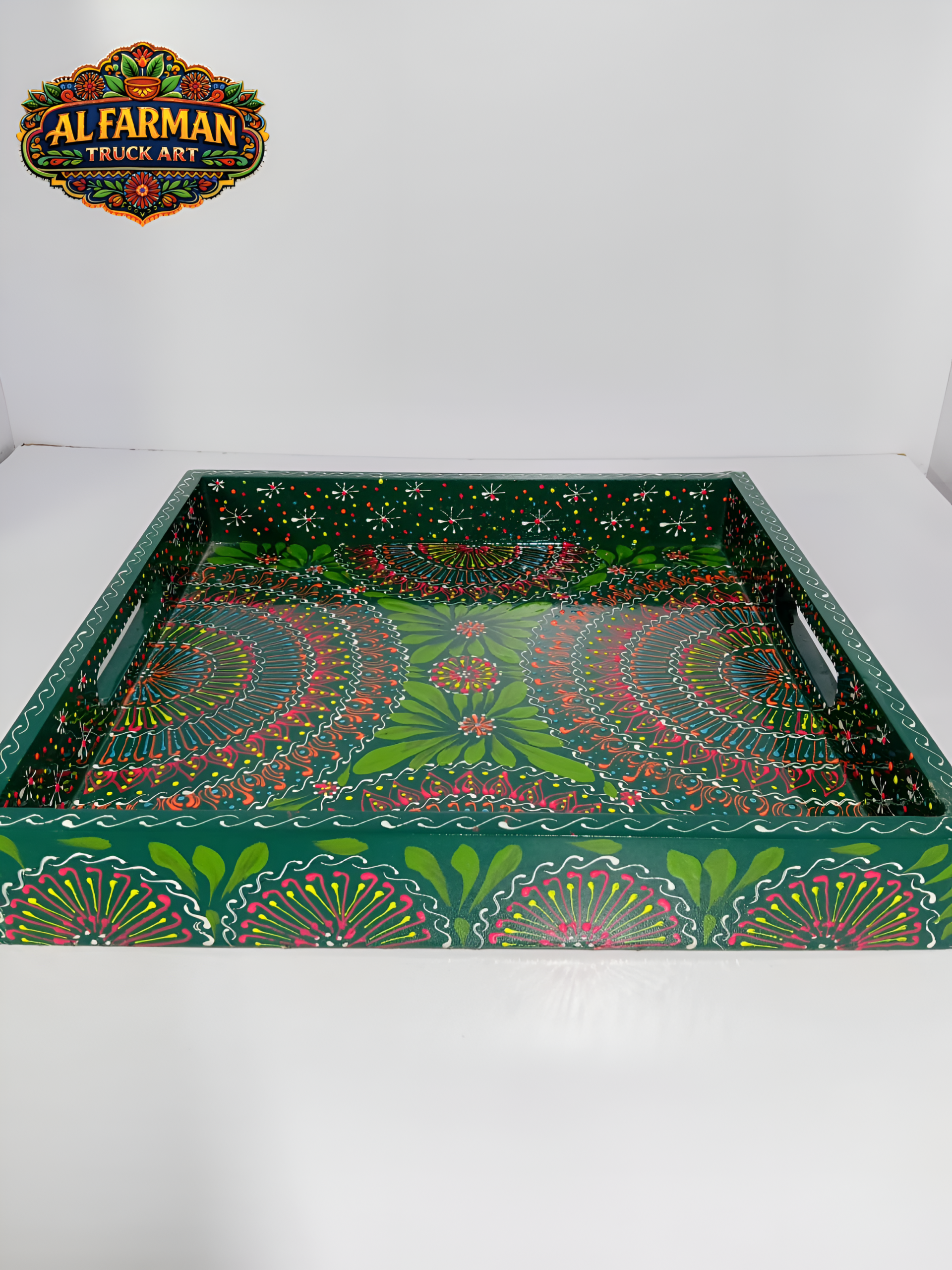 Set of Three of Green Floral Cone Design Truck Art Tray (Handcrafted) 028