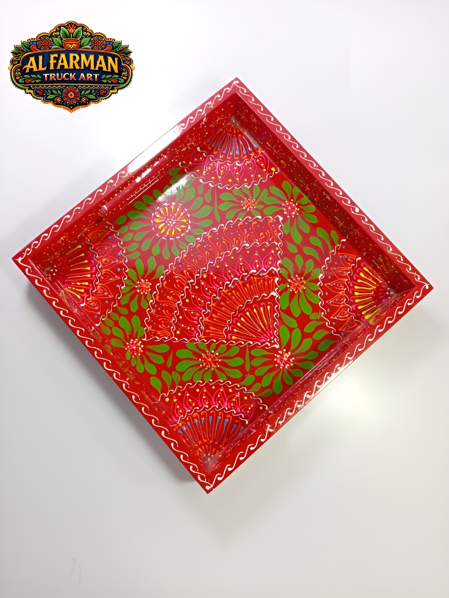 Red & Green Floral Cone Design Truck Art Tray (Handcrafted) 021