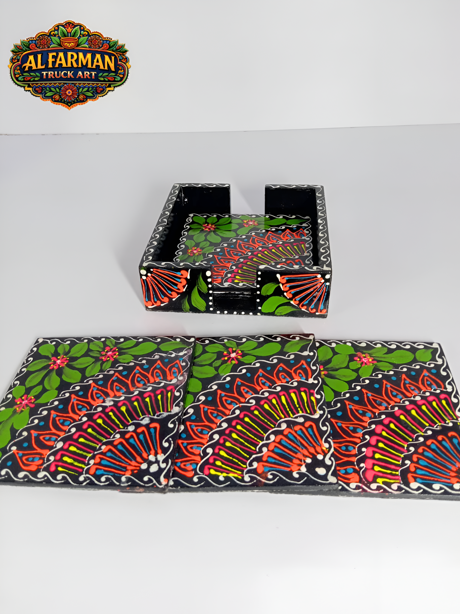 Black & Green Cone Art Coaster Set Of Six (Handcrafted) 032