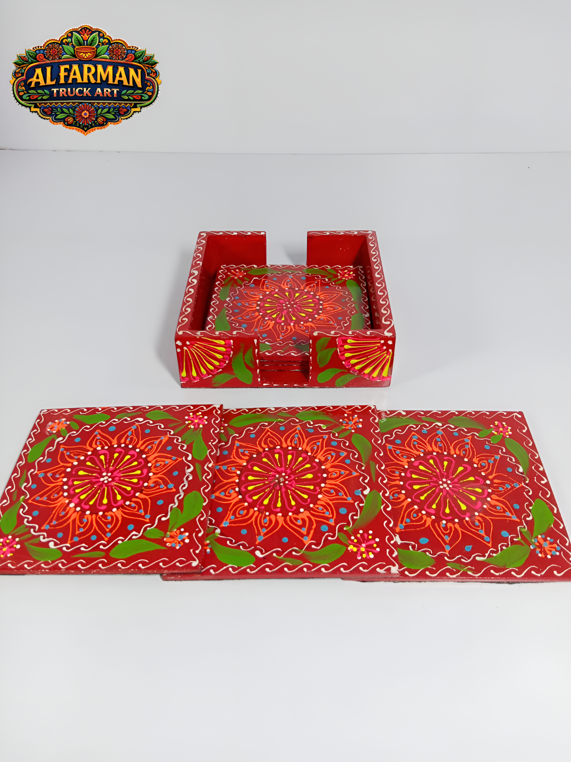 Red & Green Cone Art Coaster Set Of Six (Handcrafted) 034