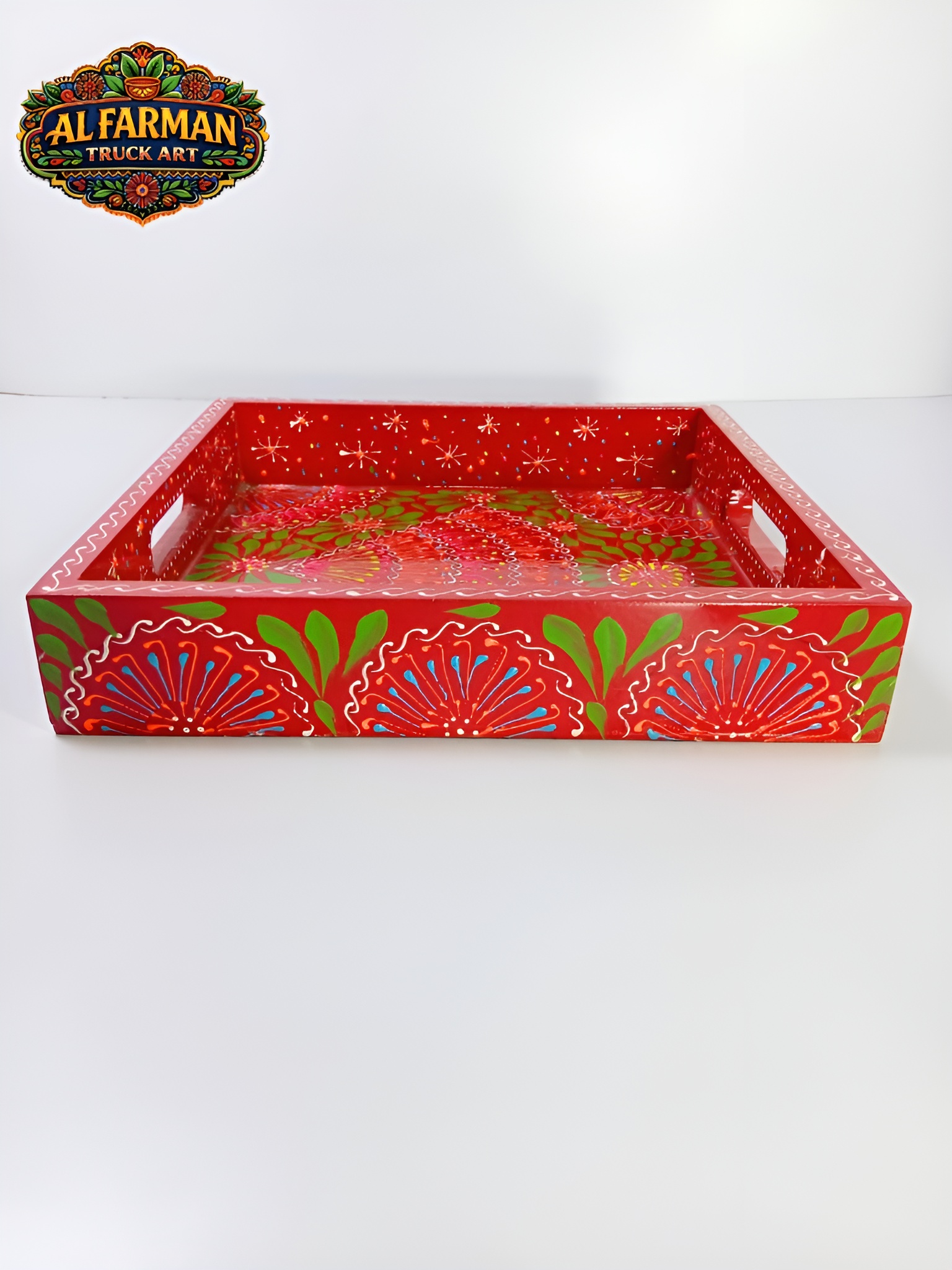 Red & Green Floral Cone Design Truck Art Tray (Handcrafted) 021