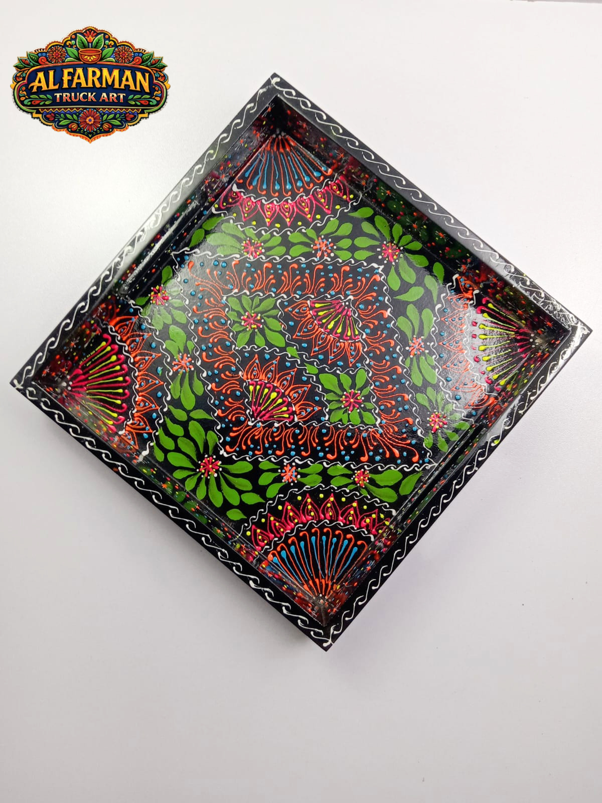 Black & Green Floral Cone Design Truck Art Tray (Handcrafted) 022