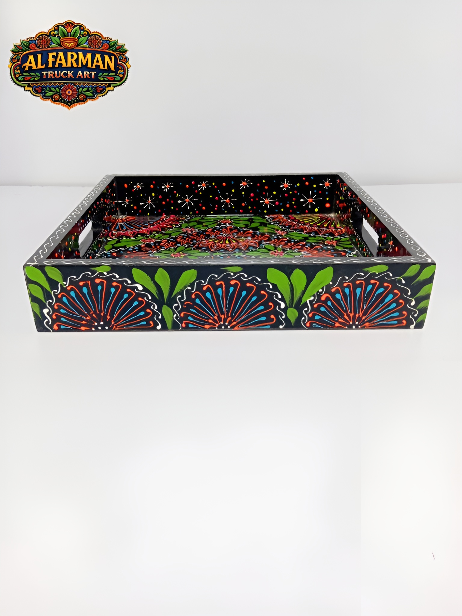 Black & Green Floral Cone Design Truck Art Tray (Handcrafted) 022