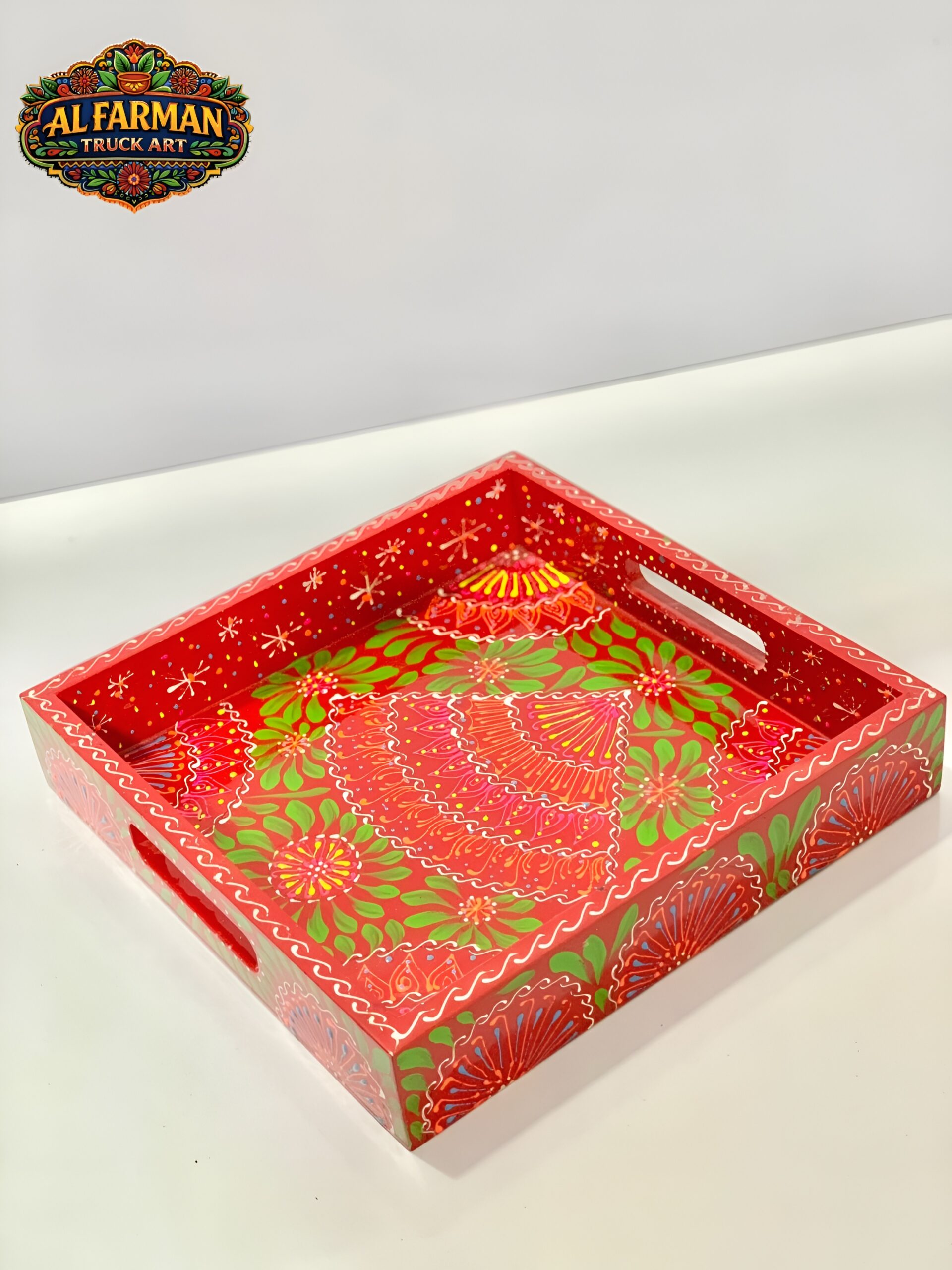 Red & Green Floral Cone Design Truck Art Tray (Handcrafted) 021