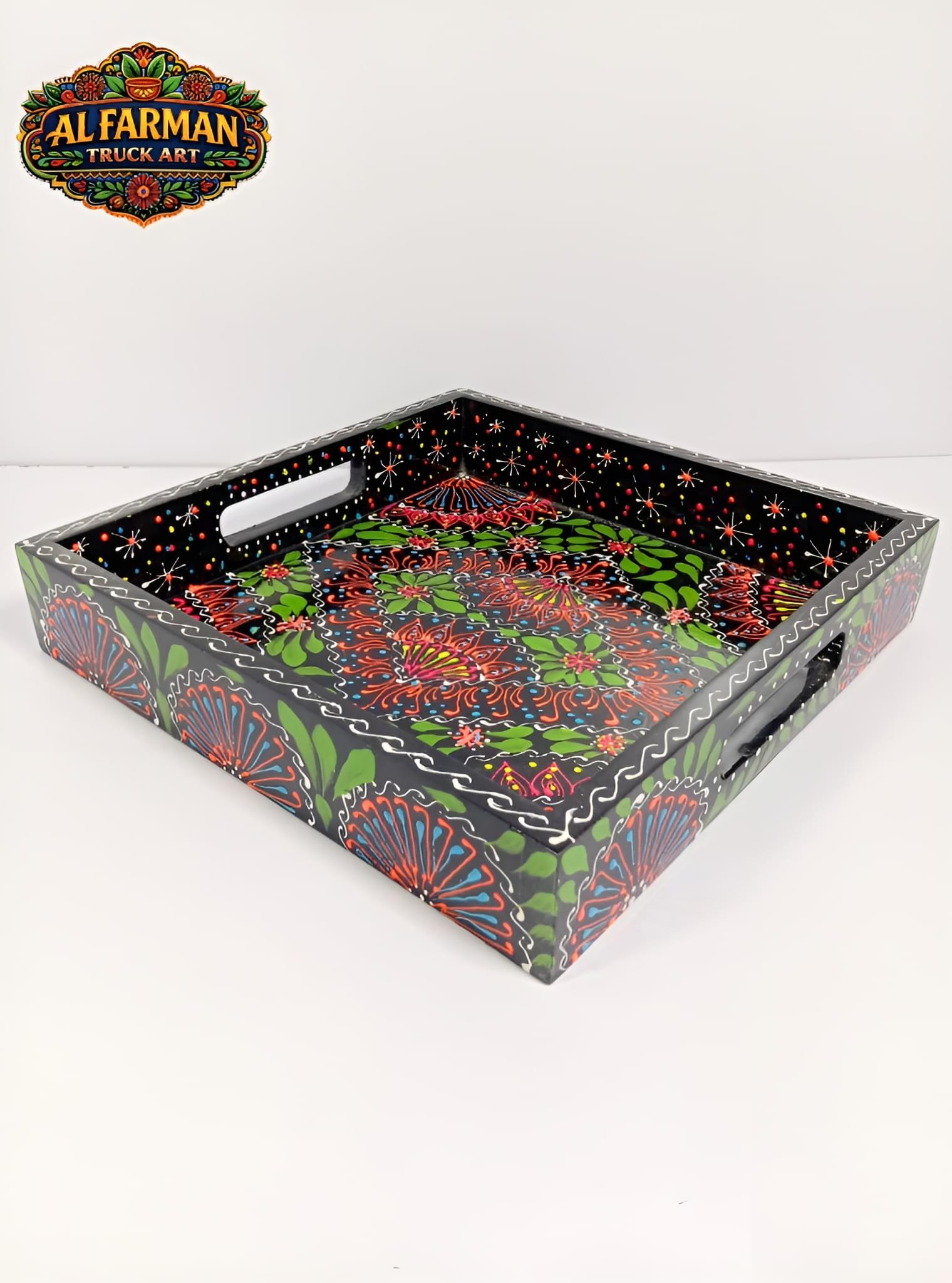 Black & Green Floral Cone Design Truck Art Tray (Handcrafted) 022